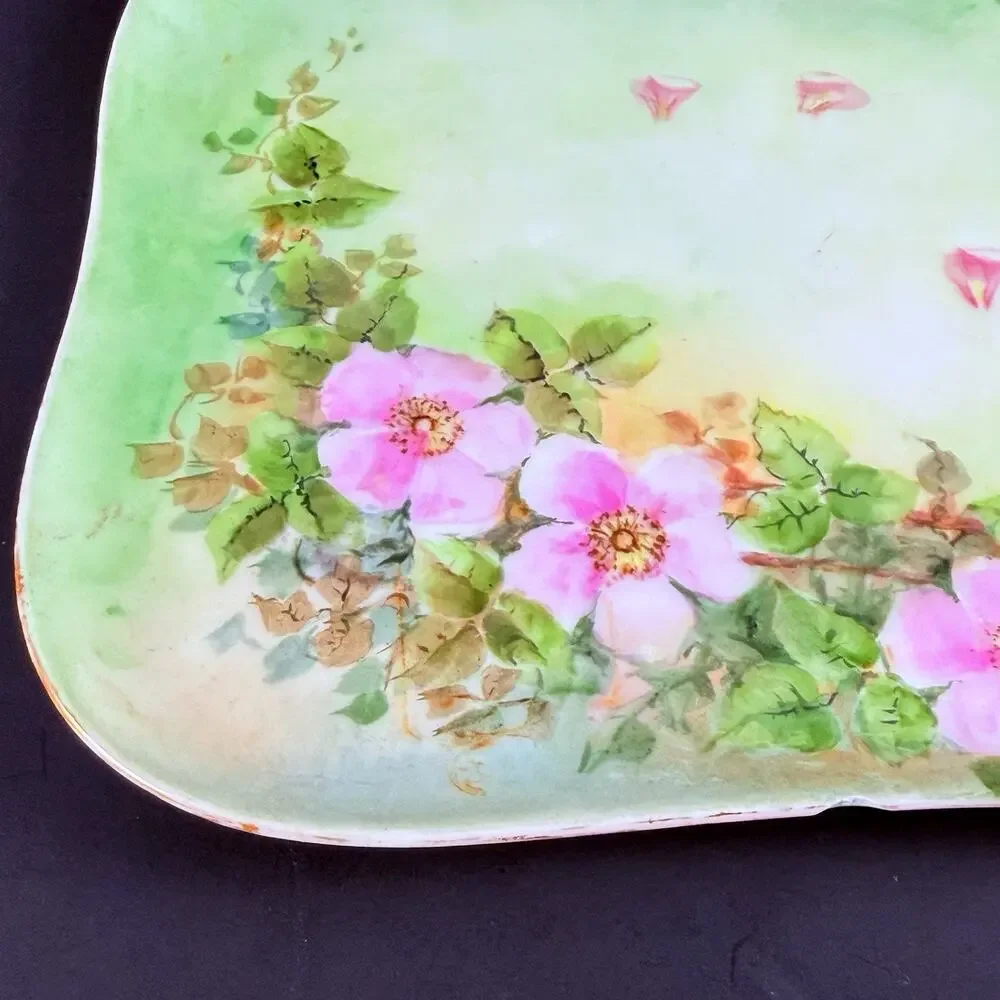Antique French Limoges Porcelain Dish Vanity Tray Hand Painted Wild Roses Signed